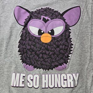 Furby t-shirt Crewneck Black and Purple Furby "Me So Hungry" 2XL Gray tee